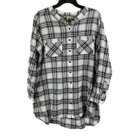 Democracy Black White & Silver Long Sleeve Button Down Split Hem Shirt Size L - Picture 1 of 6
